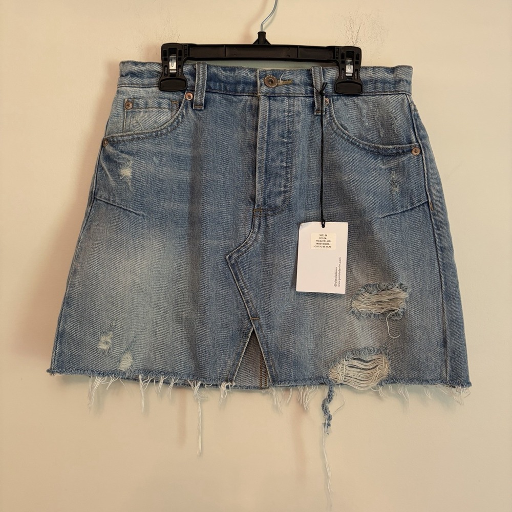 NWT Pistola 26 Button Denim Jean Blue Mini Skirt Distressed Y2K Vibe Cali Preppy